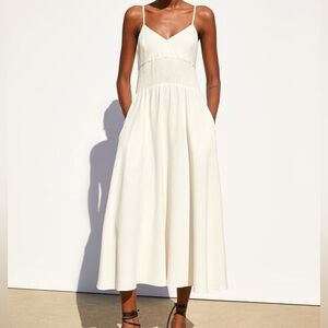 ZARA RUSTIC MIDI DRESS WITH POCKET Sz XS ivory V-Neck